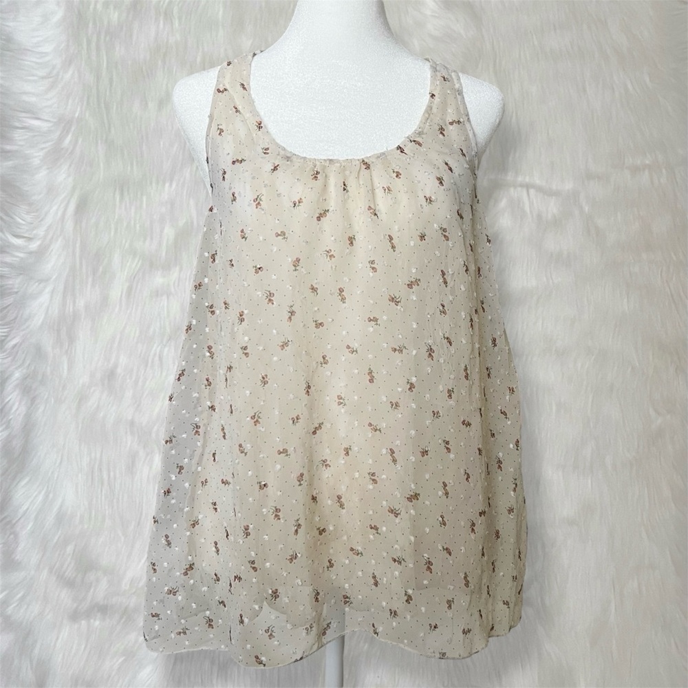 Vanity Cute Flowy Cream Floral Mesh & Lace Racerback Tank Top with Ruffle Detail